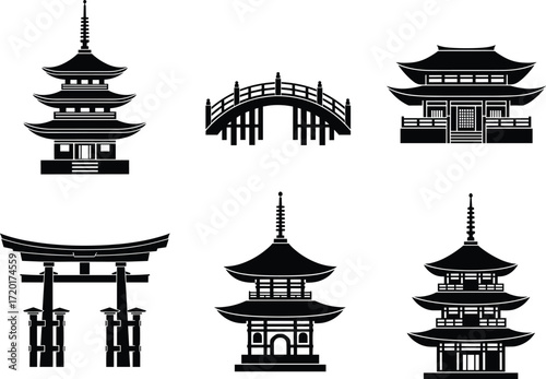 Japanese architecture silhouette vector set, pagoda, torii gate, temple, bridge, cultural heritage, traditional buildings, black icons, Asian landmarks, illustration