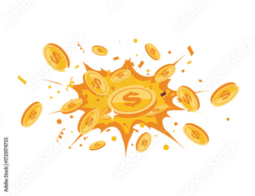 Exploding coins with dollar symbol, vector illustration on transparent background  