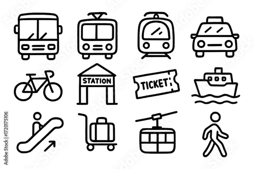 Simple line icons of transportation and travel essentials