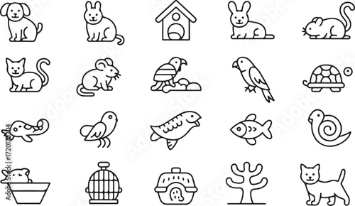 Pet animals doodle icon set. Cute hand drawn sketch illustrations of dog, cat, rabbit, fish, hamster, parrot. Black and white cartoon art for domestic pets. Vintage marker drawing collection