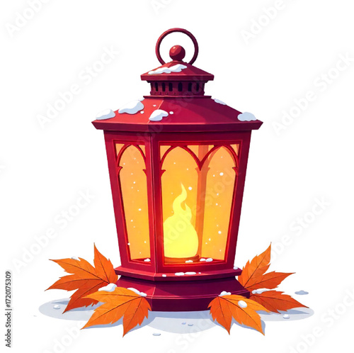red lantern with autumn leaves on a white background