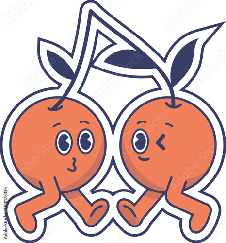 Playful retro cartoon orange fruits, anthropomorphic with expressive faces, legs, and connected stems, winking and puckering