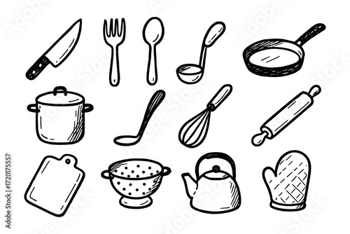 Hand drawn cooking utensils collection: knives, pots, and more