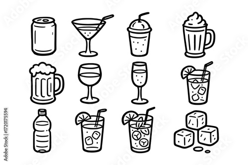 Hand drawn drink icons collection with various refreshing beverage illustrations