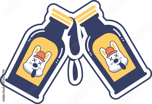 Two cartoon beer bottles toasting with cute dog faces on labels