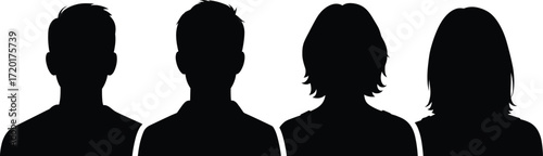 Black silhouette vector of diverse human profiles, minimal headshot icons, anonymous avatar set, hairstyle variation, generic people illustration, stock design asset
