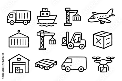 Hand drawn shipping and logistics icons: transport, cargo, warehouse, and delivery