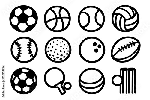 Sports ball icons set featuring basketball, tennis, and more in bold line art