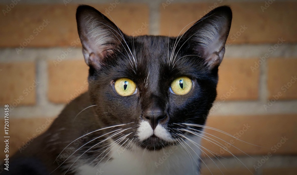 Φωτογραφία black and white cat with a penetrating gaze, green eyes, whiskers, feline ears