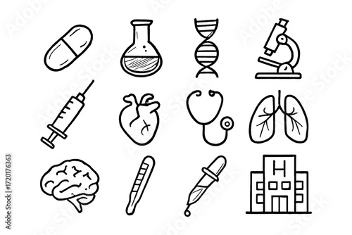 Hand drawn medical icons set featuring healthcare and science elements