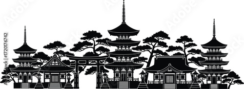 Traditional Japanese temple complex vector, pagoda architecture, torii gate illustration, pine trees, cultural heritage, symmetrical layout, ornate roof design, Asian landmark art