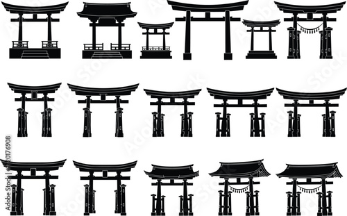 Traditional Japanese torii gate silhouettes, cultural shrine entrance icons, vector illustration set, architectural diversity, sacred symbols, black isolated design elements
