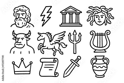 Greek mythology icons: zeus, medusa, pegasus, and more in hand drawn style