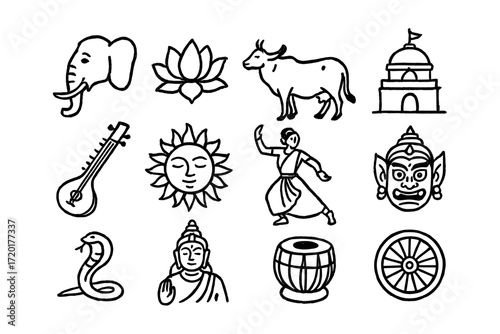 Traditional indian icons set featuring cultural symbols and elements in flat design