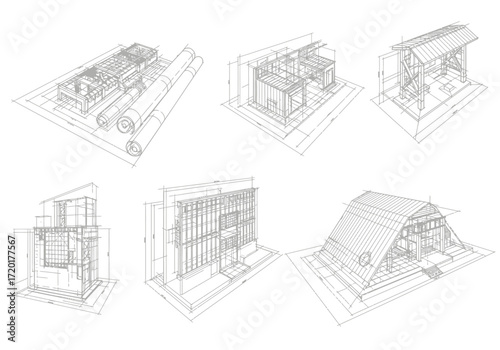 7 architectural blueprints show building structures framing details and construction plans