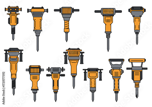 A collection of eleven outlined jackhammers in varying styles all colored in shades of orange and gray