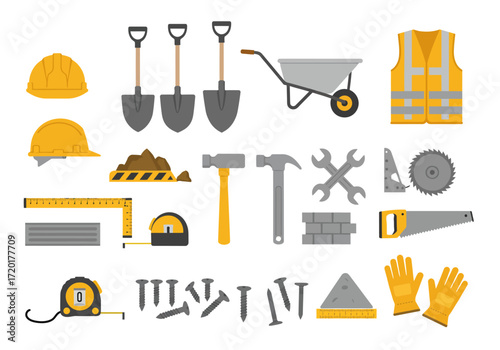 An arrangement of construction equipment on a white backdrop