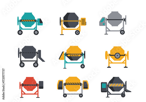 An array of nine flatdesign cement mixers in different colors