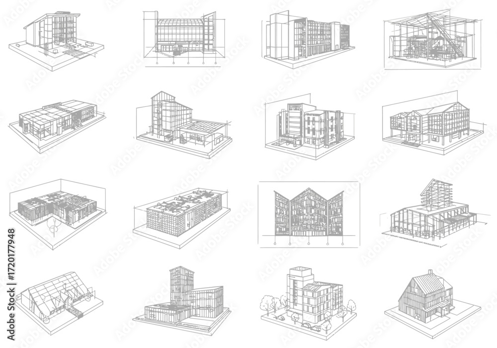 Fototapeta premium Architectural sketches of different building designs on a white background