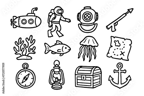 Nautical adventure doodles: hand drawn exploration and marine life icons