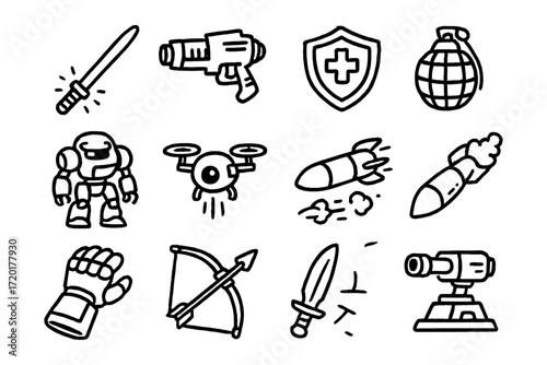 Hand-drawn outline icons of futuristic combat tools and weapons