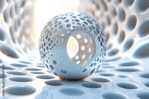 A white sphere with holes in the center.