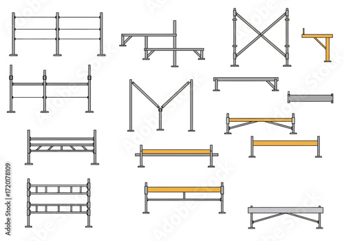 Assorted scaffolding components some with yellow planks are rendered in a lineart style