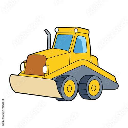 A powerful bulldozer with a frontal loader, designed for pushing, lifting, and moving heavy materials on construction sites, perfect for coloring and learning machines.
