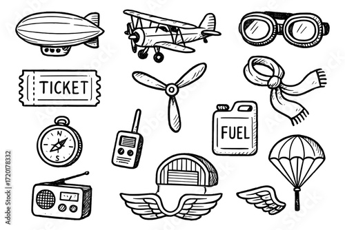 Vintage aviation elements in hand drawn style featuring planes and accessories