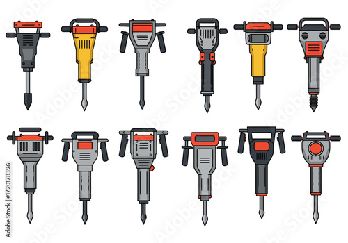 Eleven jackhammers in various colors and designs are arranged on a white background