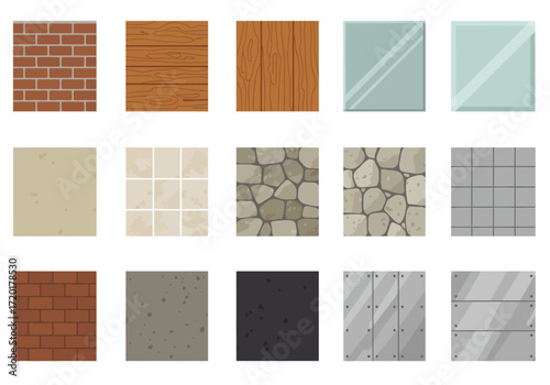 Graphic featuring tiles  textures brick wood stone metal glass concrete representing different surfaces or materials