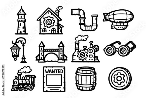 Steampunk icons collection featuring airship, train, gears, and industrial elements in a hand drawn style