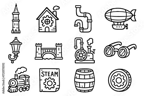 Classic steampunk elements collection with gears, zeppelins, and machinery