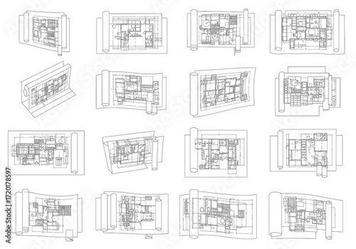 Grid of 12 architectural floor plans rolled and flat line drawings