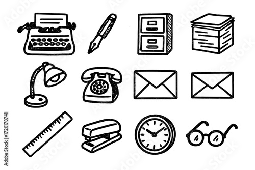 Hand drawn office supplies collection with retro desk essentials