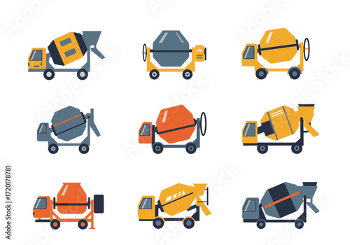 Nine cartoon cement mixers various styles and colors organized on a white background