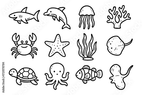 Hand-drawn marine life icons set: sharks, dolphins, jellyfish, corals, and more aquatic creatures