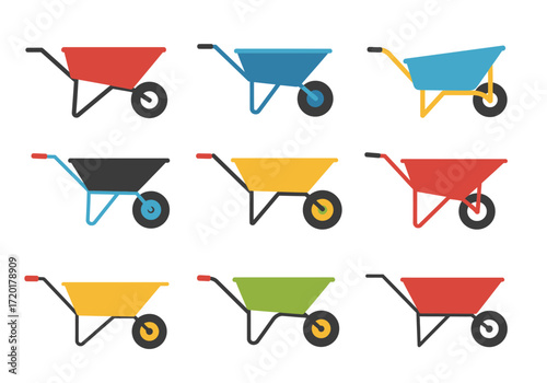 Nine wheelbarrows in a grid red blue yellow black and green colors