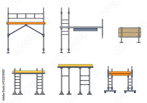Scaffolding structures are depicted with varying designs and setups in a technical illustration