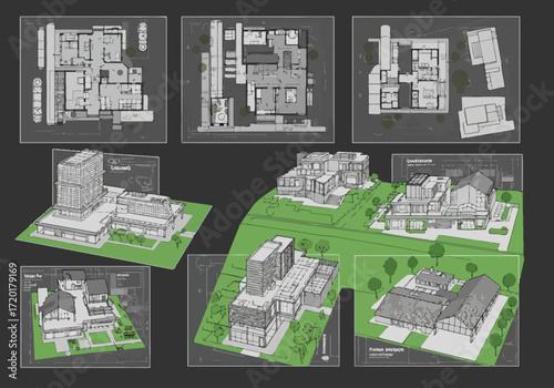 Six sketched building models each with a floor plan on a gray background