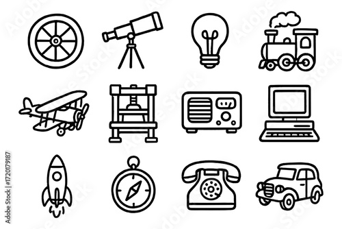 Vintage retro technology icons set: gadgets and machines in bold black outline style