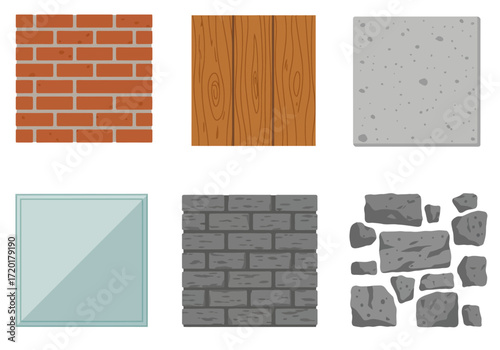 Six square samples depict different materials red brick wood grain concrete glass gray brick  loose gray stones