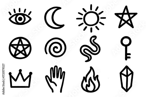 Mystical symbol set featuring eye, moon, sun, star, and more in bold outline style