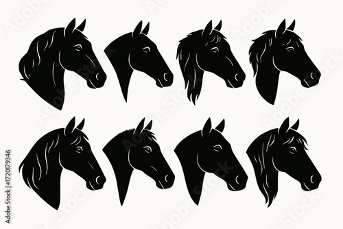 Black Horse Head Silhouettes in Minimal Vector Style with Breed and Mane Variations