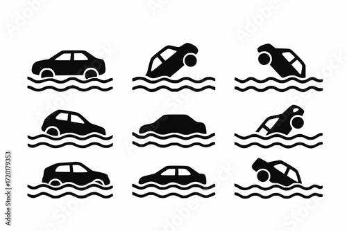 Black Silhouette Icons of Cars Sinking in Water with Minimal Flat Vector Design