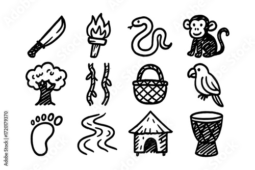 Hand-drawn jungle doodles: wildlife, nature, and adventure icons