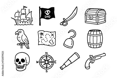 Pirate adventure icons: ship, parrot, treasure map, skull, compass, and more in hand-drawn style