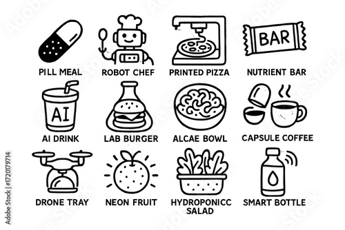 Futuristic food icons featuring ai drink, robot chef, hydroponic salad, and more