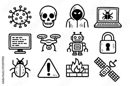 Cybersecurity doodle icons: virus, hacker, and technology symbols for digital safety
