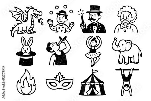 Circus show icons: magician, juggler, clown, and more in hand drawn style